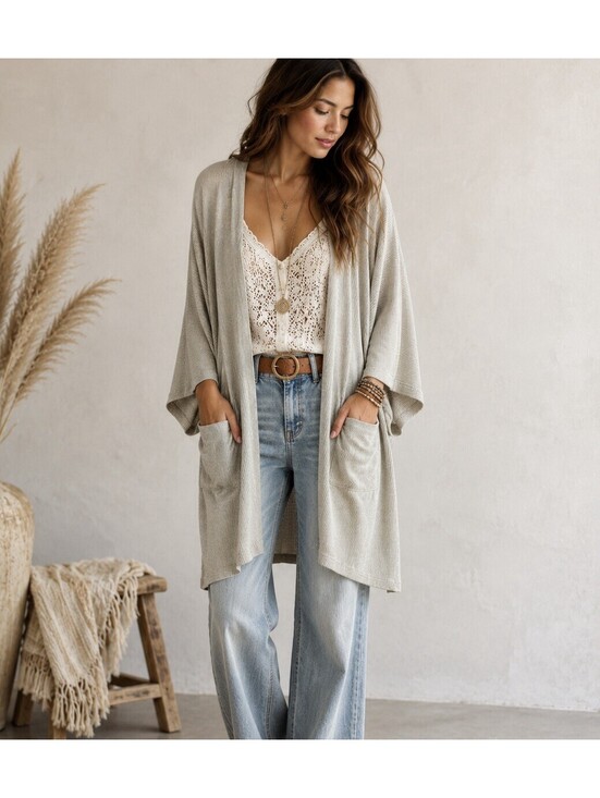 Sweaters - DONNI Ribbed Open Front Cardigan Duster OSFA Oversized Kimono Pockets